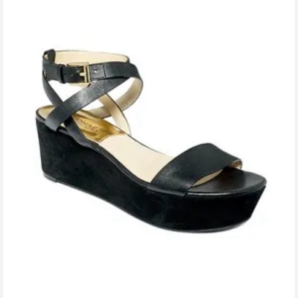 Michael by Michael Kors Jalita Black Leather with Suede Flatform Sandals